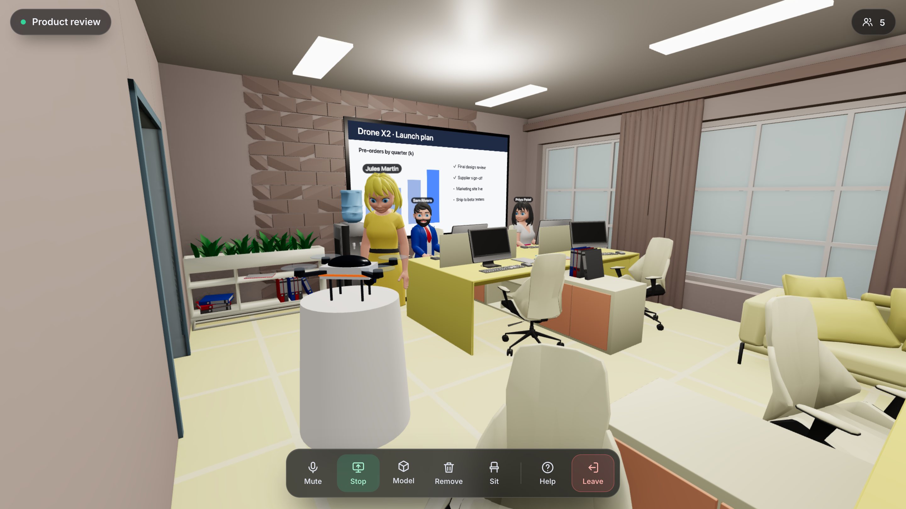 An OffSite meeting room: teammates as 3D avatars at their desks, a launch plan shared on the wall screen, and a drone prototype on a stand.